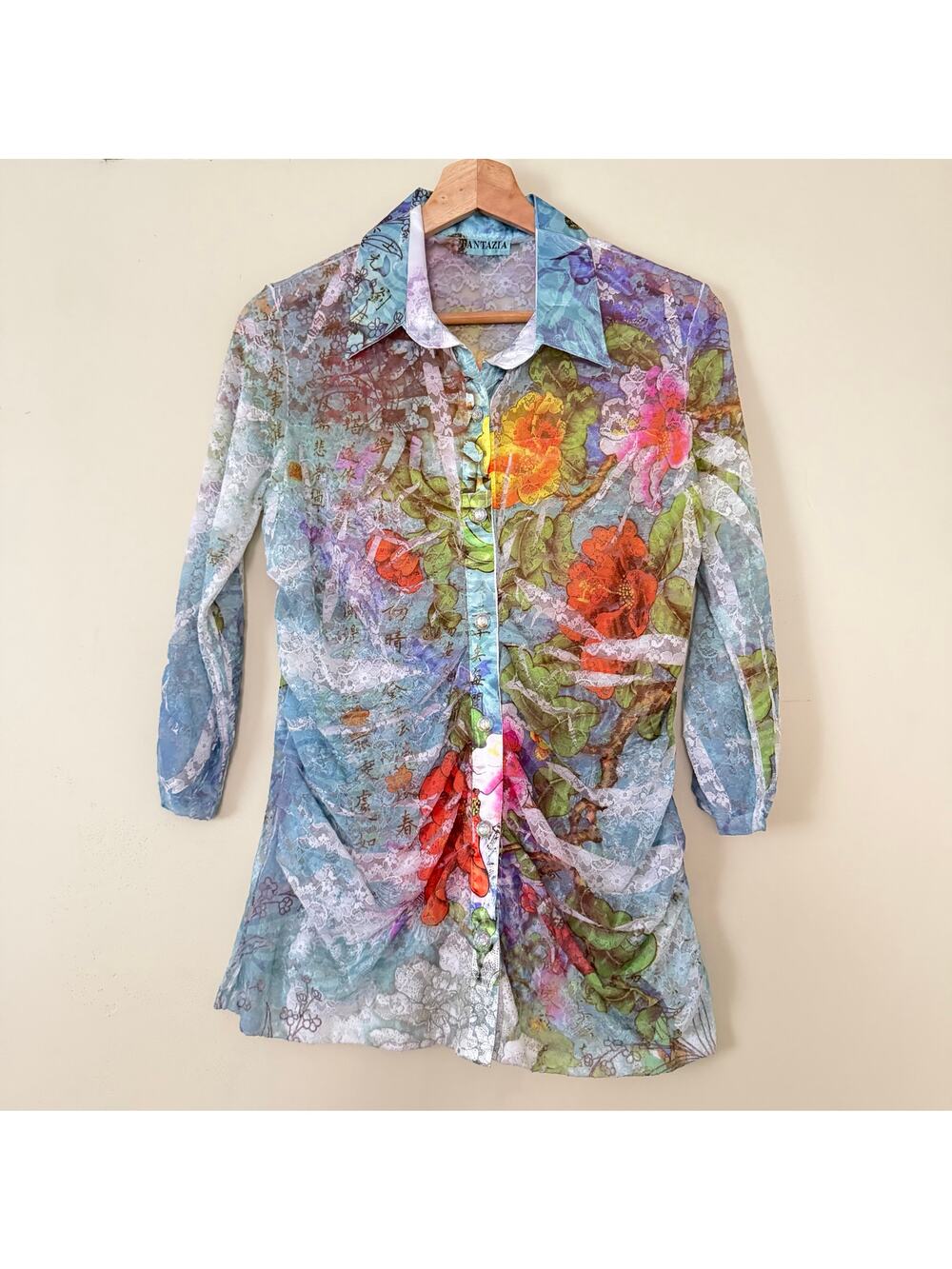 Fantazia Whimsical Fairycore‎ Top Rainbow Floral Rhinestone Women's Top Lace L